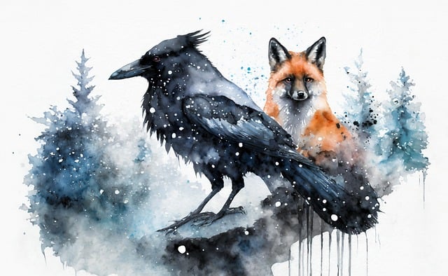 corbeau et renard sous la neige